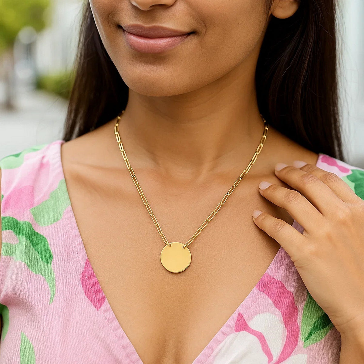14k Yellow Gold High Polish Circle Disc Paperclip Link Necklace