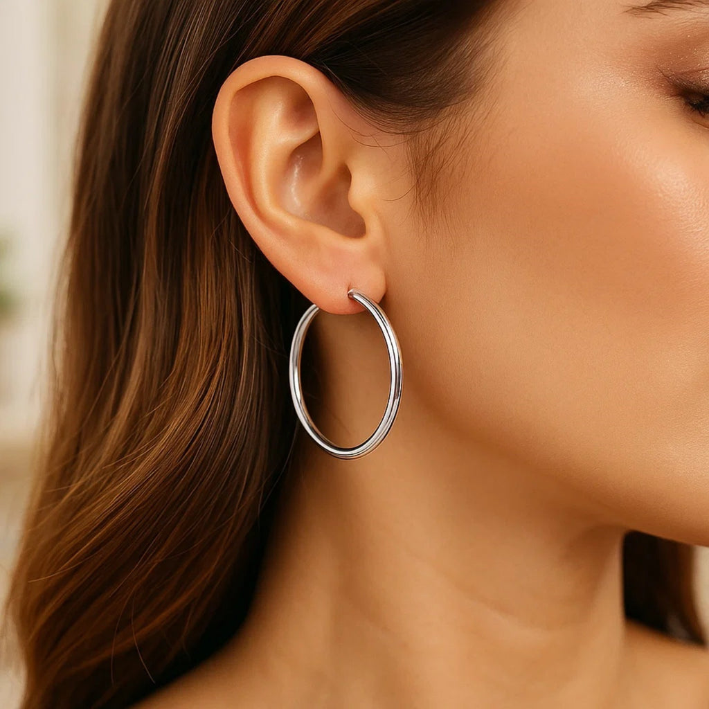 Sterling Silver Rhodium Plated Large Polished Classic Hoop Earrings (3x40mm)