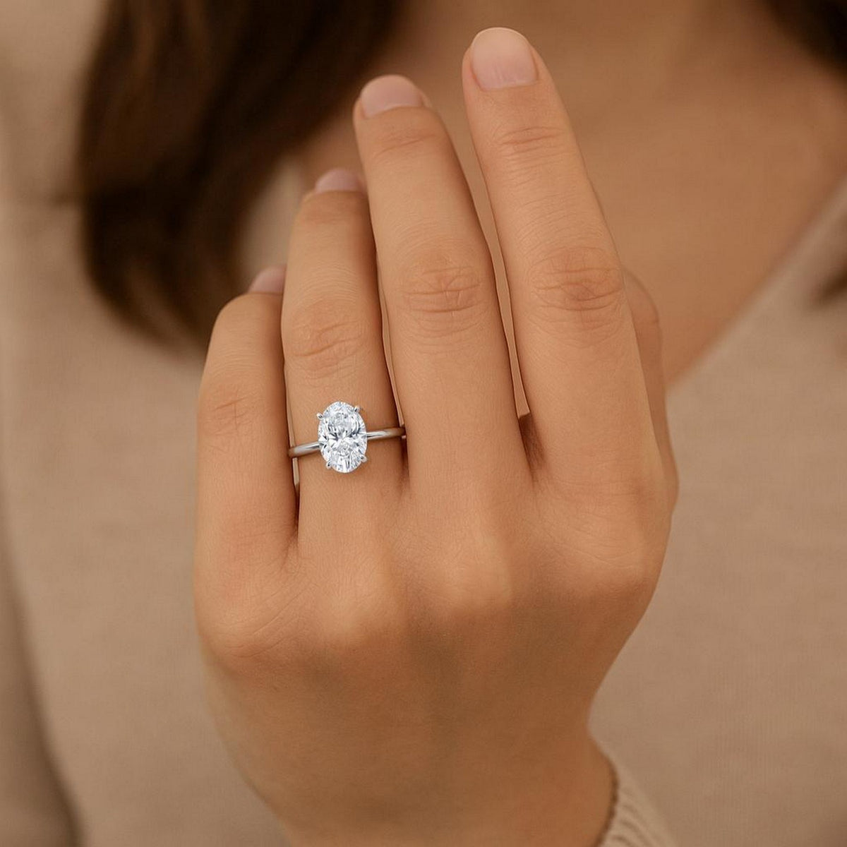 3 Carat Oval Lab Grown IGI G/VS1 Diamond Solitaire Ring in 14K White Gold