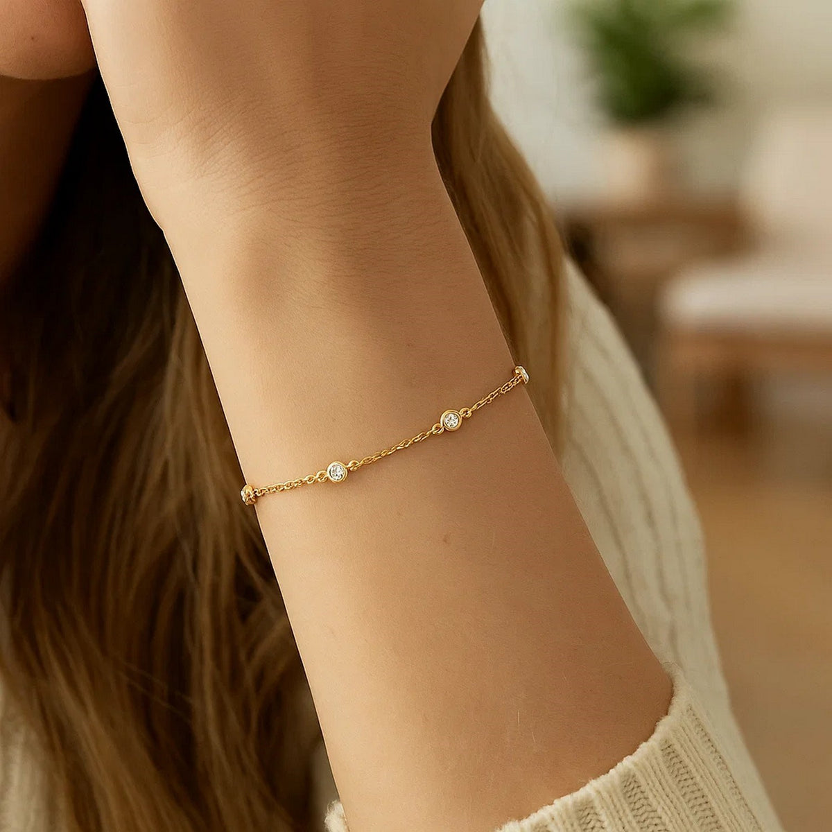 14k Yellow Gold 7 inch Bracelet with Diamond Stations (3.30 mm)