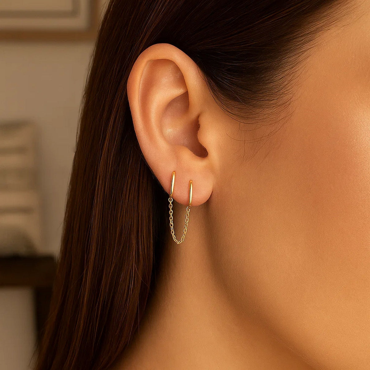 14k Yellow Gold Two Hole Huggie Style Hoop Earrings