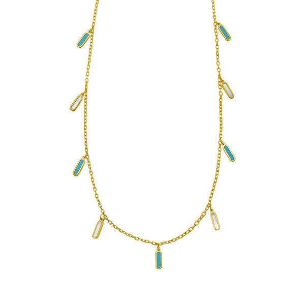 14K Yellow Gold Turquoise And MOP Inlay Station Necklace
