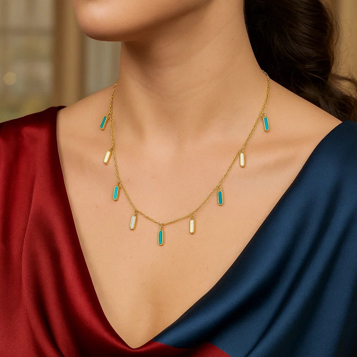 14K Yellow Gold Turquoise And MOP Inlay Station Necklace