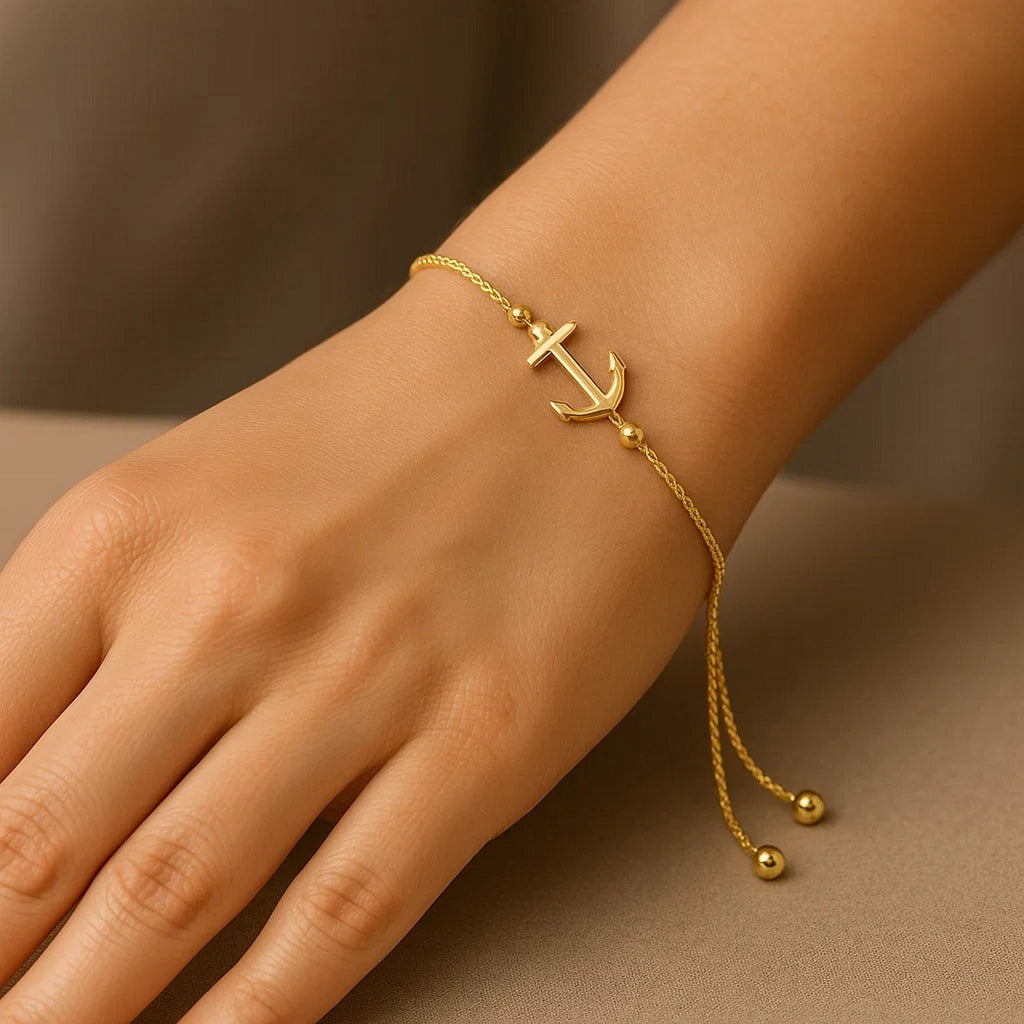 14k Yellow Gold Anchor Design Adjustable Lariat Bracelet